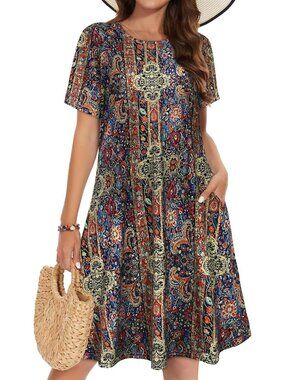 Women's Blue Boho Print  Short Sleeve Floral Sundress Beach Cover Mini Dress